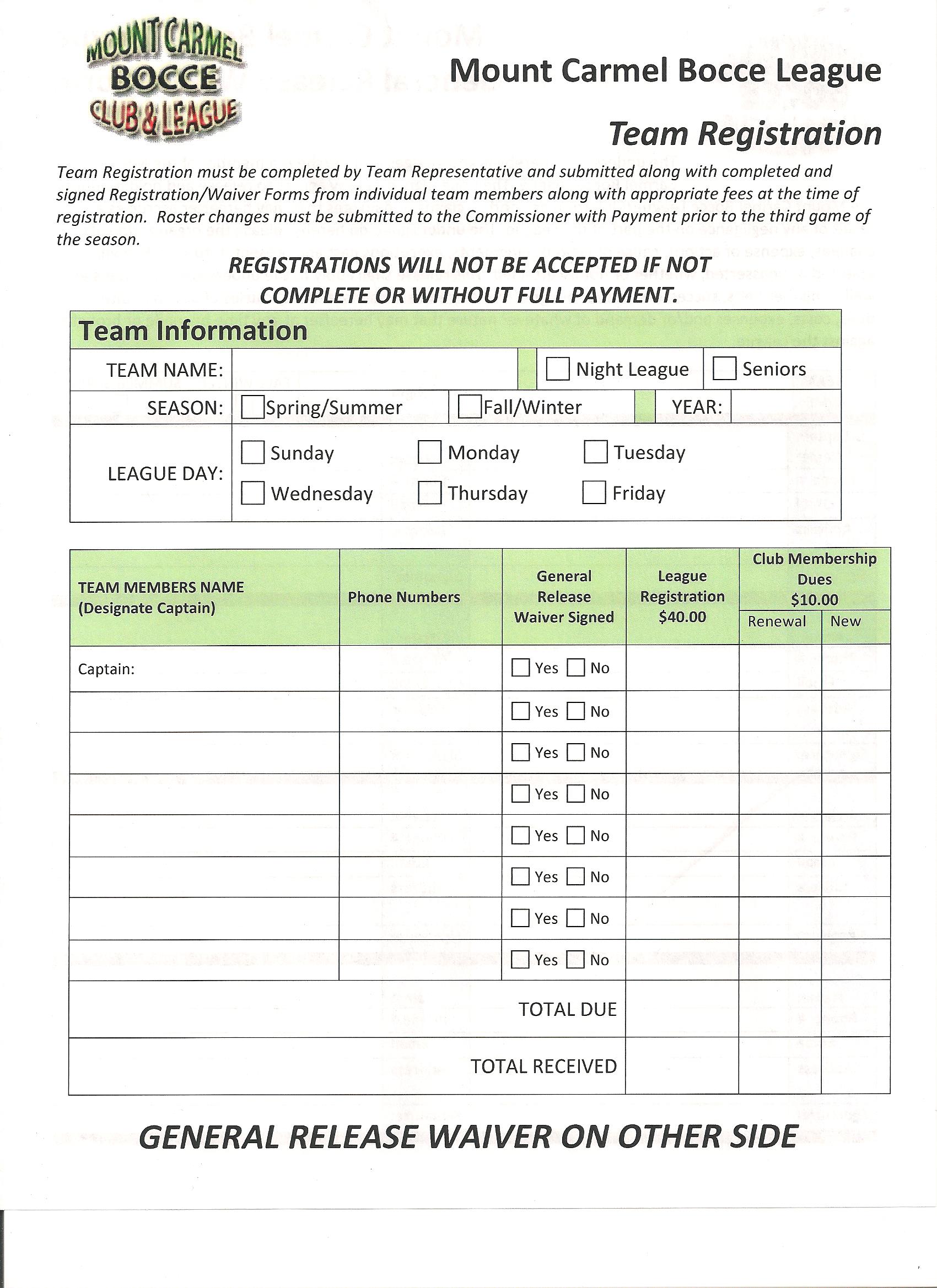 Swim Team Registration Form Template